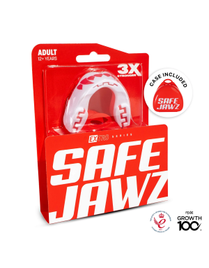 Bucal Safejawz Extro Series Pink Fangz su diseño rosa con colmillos de tiburón, máximo confort y protección profesional.